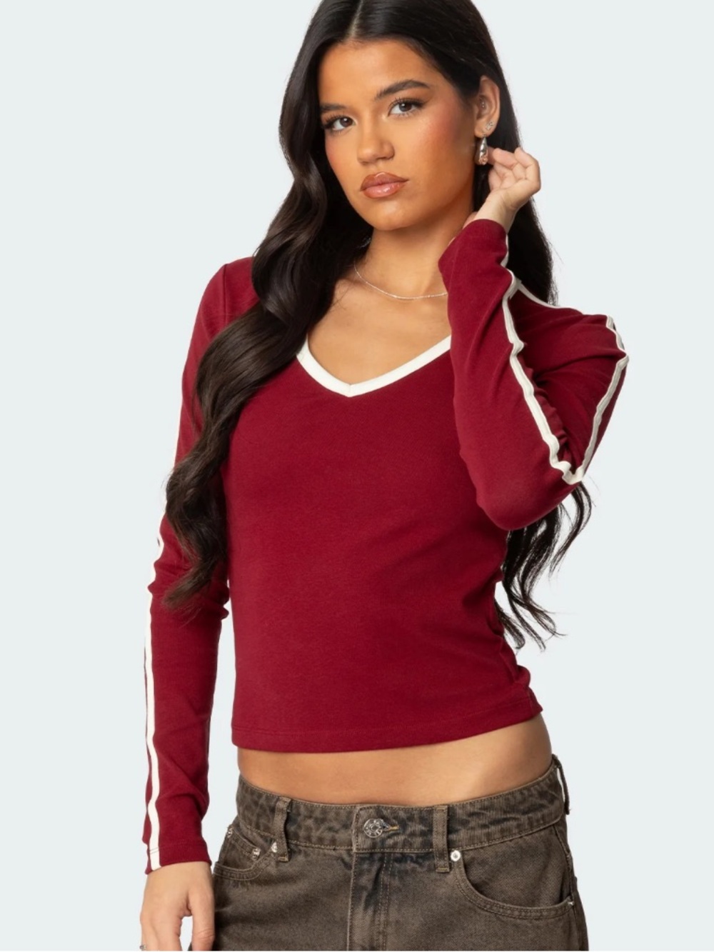 Edikted burgundy long sleeve top with white stripes on sleeves, size L #edikted